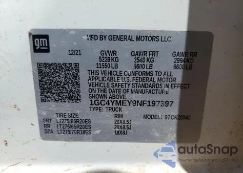 2022 Chevrolet Silverado K2500 Custom из США, поврежденный, VIN 1GC4YMEY9NF197397